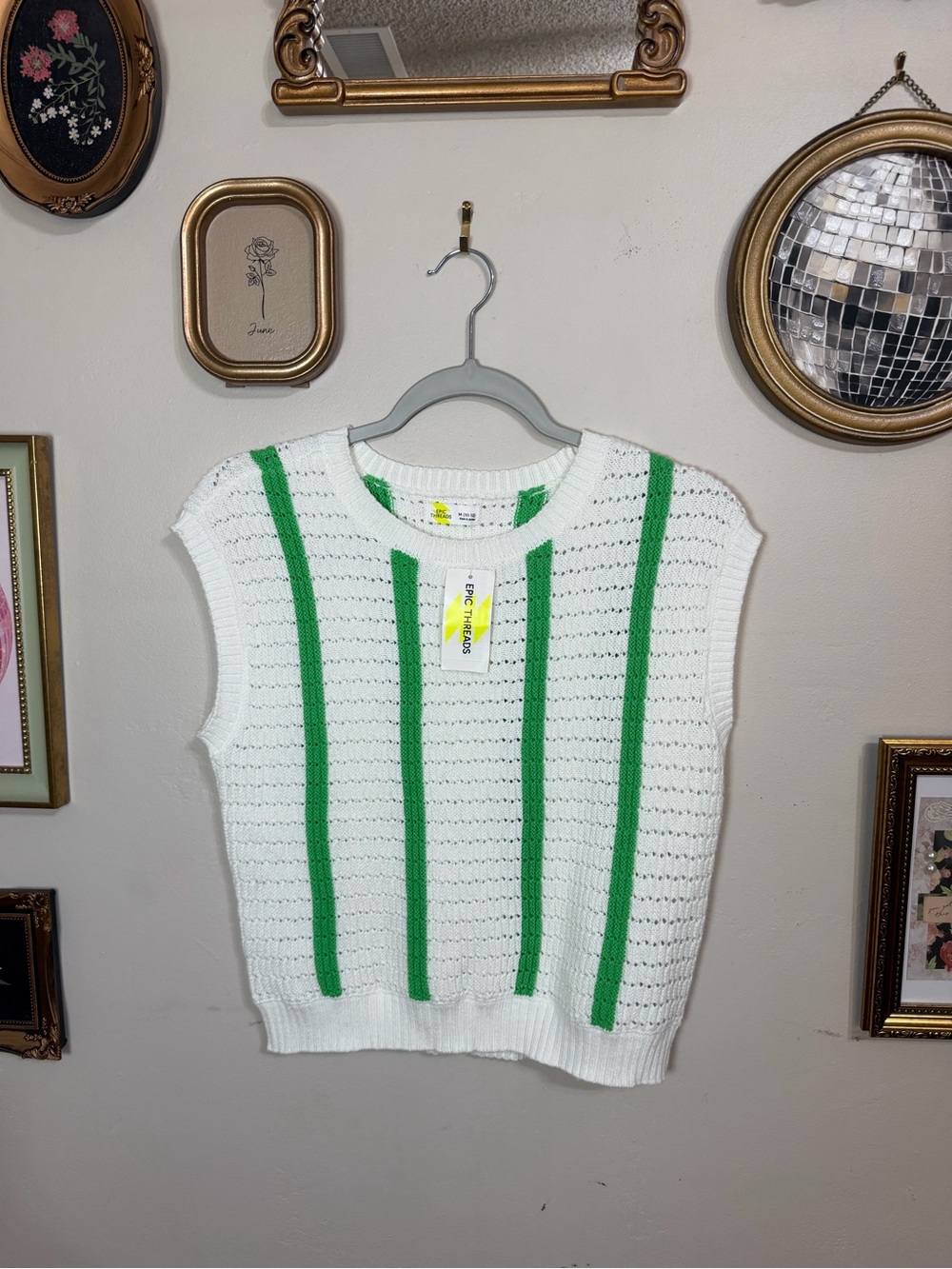 Epic Threads White Knit Vest with Bright Green Stripes